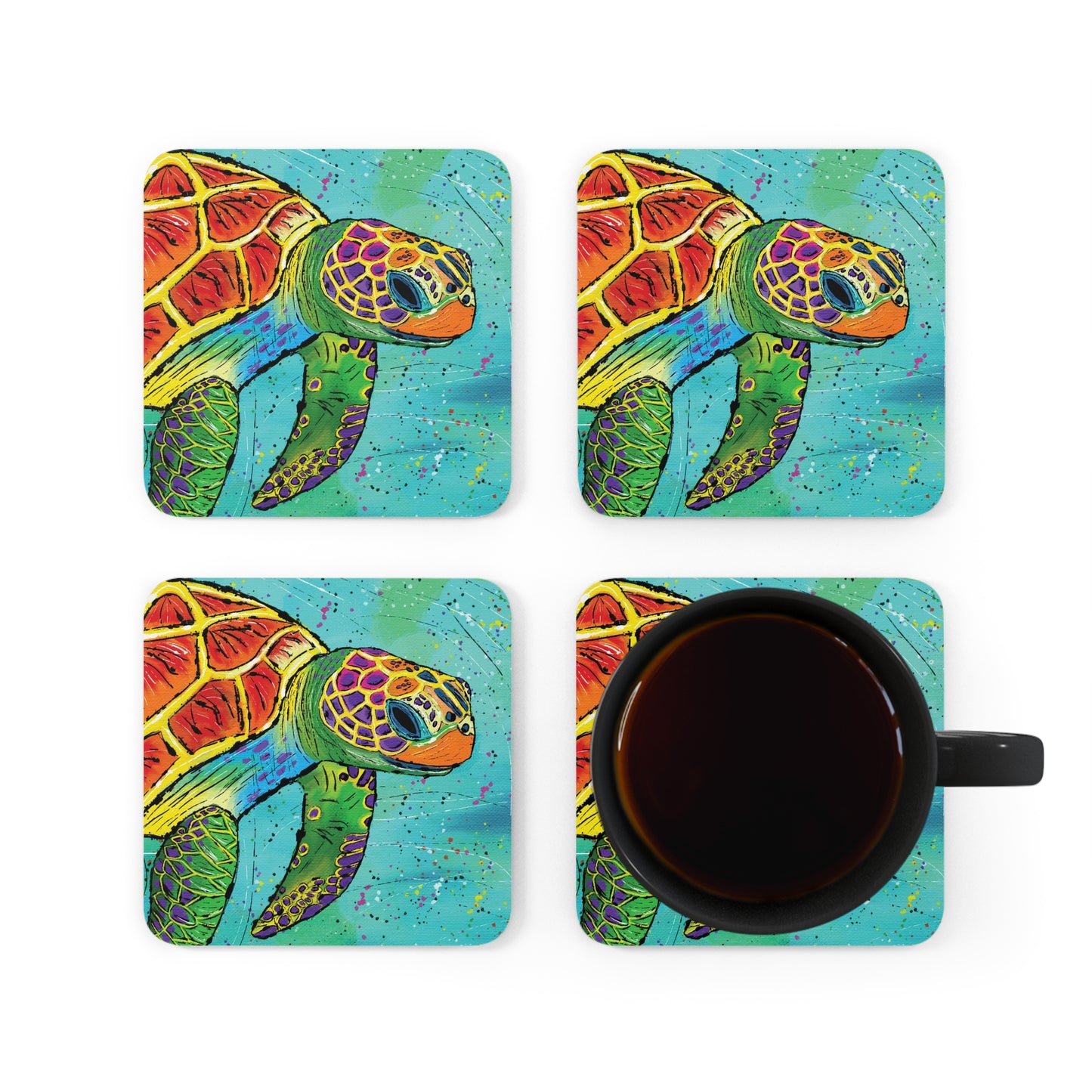 Sea Turtle Coaster Set of 4, Sea Lover Gift, Ocean Gift, Colorful Coaster, Tropical Gift, Nautical Coaster, Art Gift