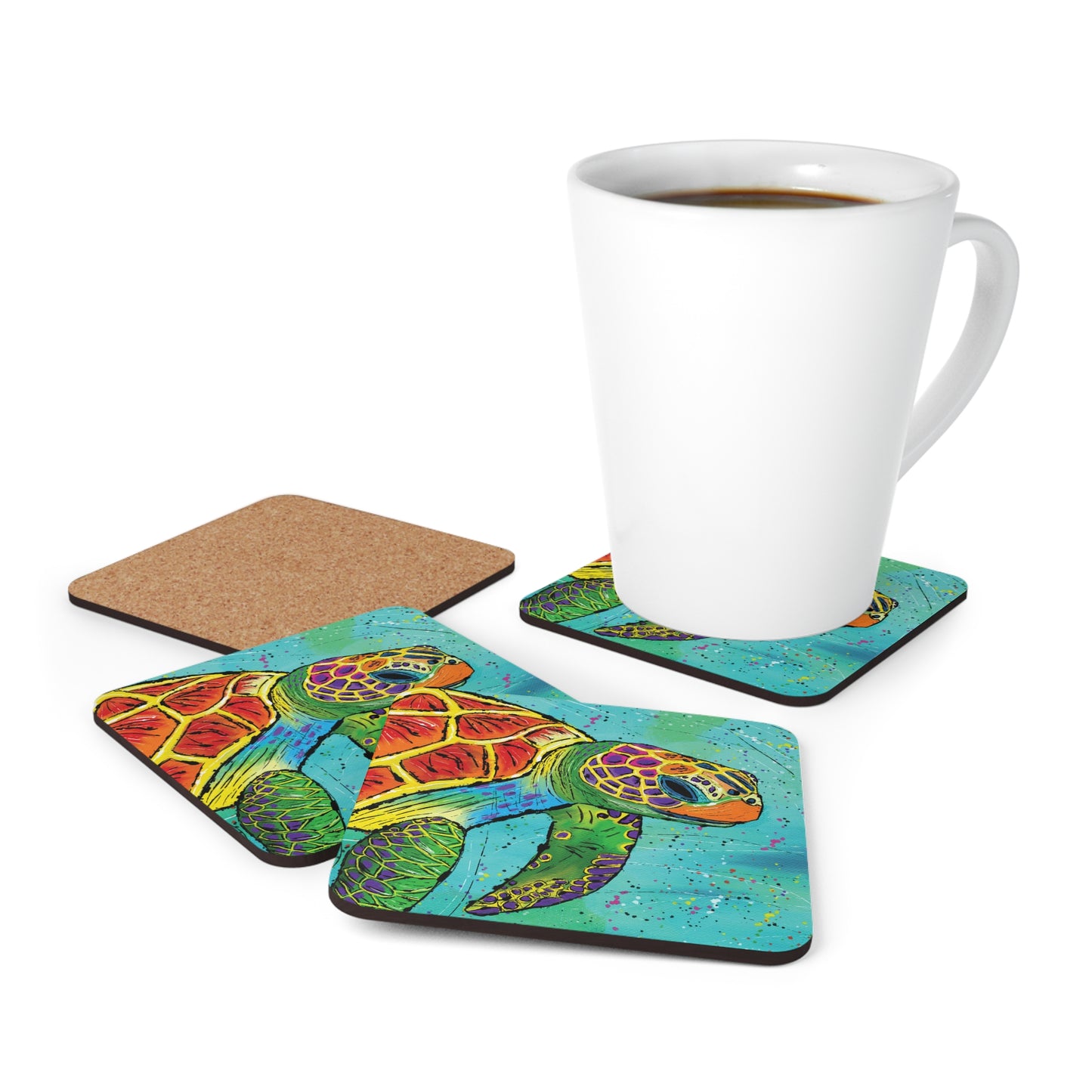 Sea Turtle Coaster Set of 4, Sea Lover Gift, Ocean Gift, Colorful Coaster, Tropical Gift, Nautical Coaster, Art Gift
