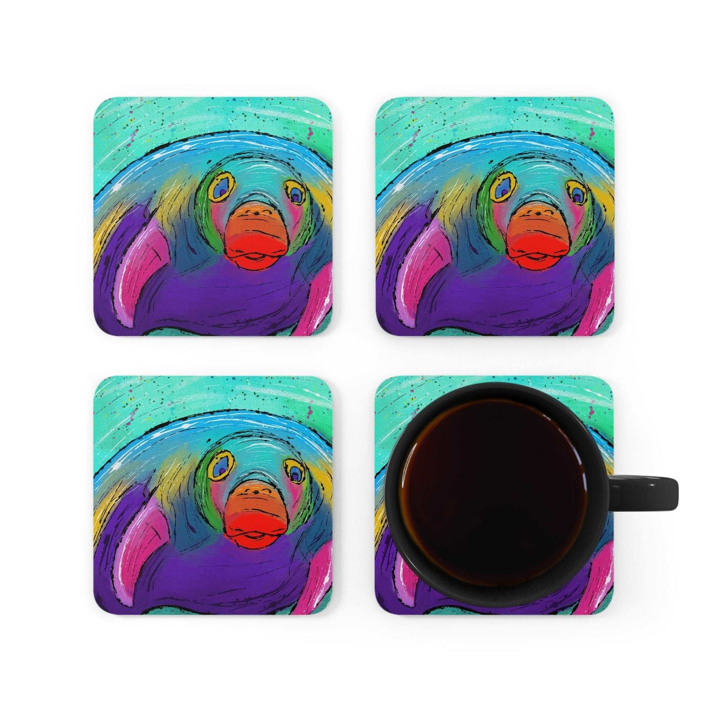 Manatee Coaster Set of 4, Sea Lover Gift, Ocean Gift, Corkwood Coaster, Colorful Coaster, Tropical Gift, Nautical Coaster