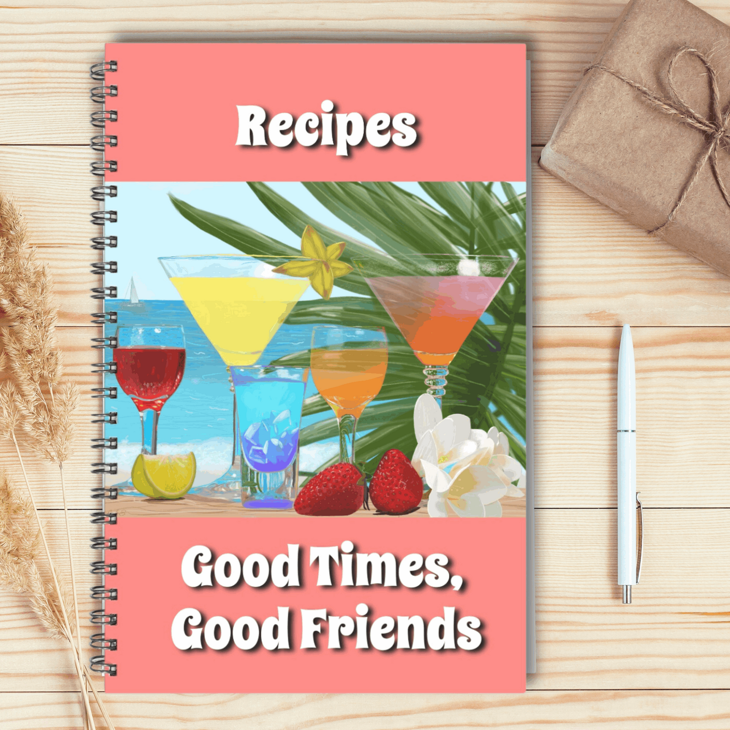 Good Times Good Friends Recipe Soft cover Spiral Book 5.5 x 8.5 Coral