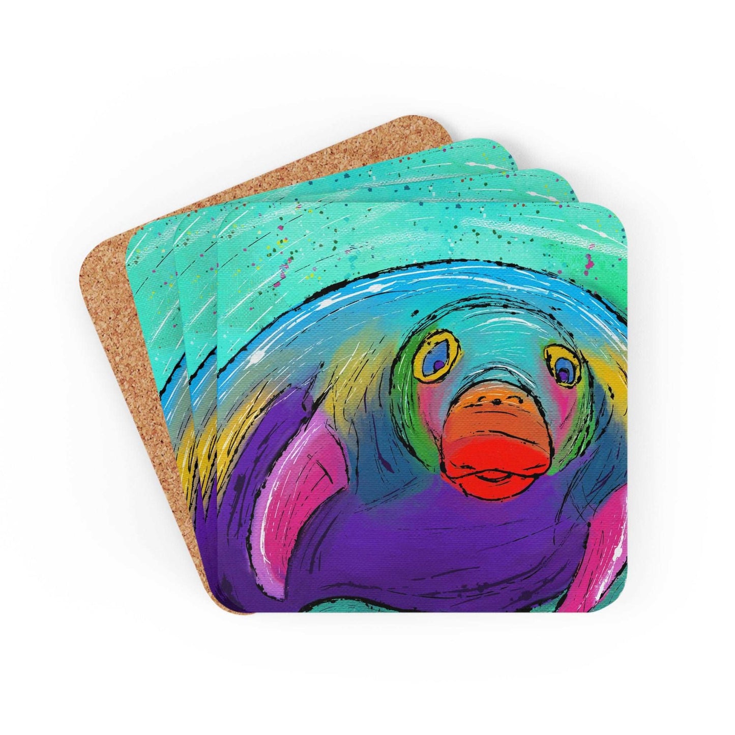 Manatee Coaster Set of 4, Sea Lover Gift, Ocean Gift, Corkwood Coaster, Colorful Coaster, Tropical Gift, Nautical Coaster