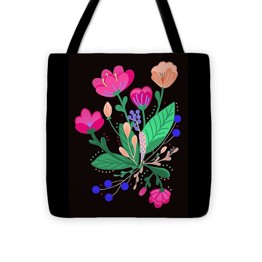 Colorful Flowers On Black - Tote Bag