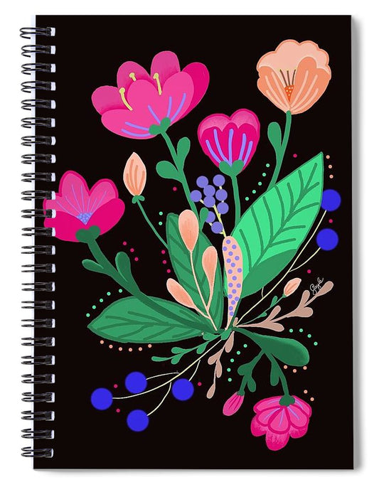 Colorful Flowers On Black - Spiral Notebook