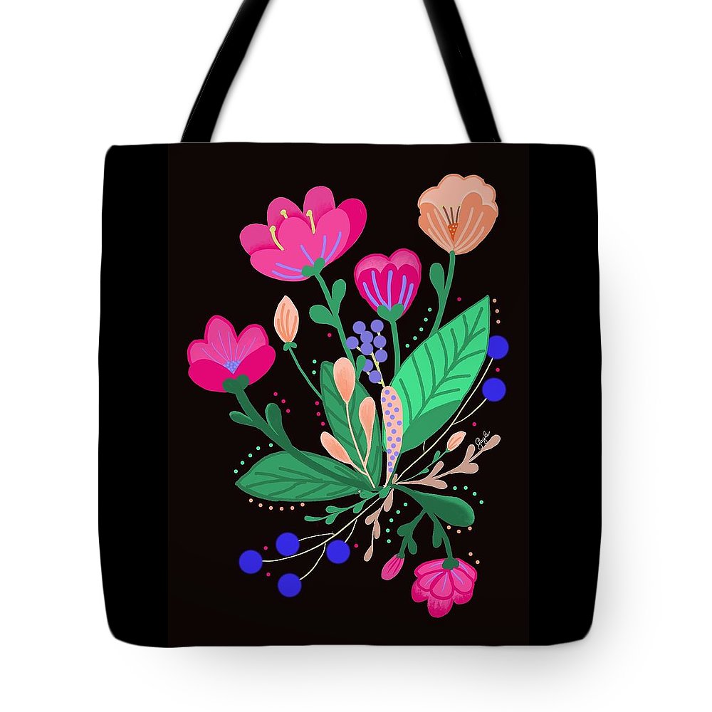 Colorful Flowers On Black - Tote Bag