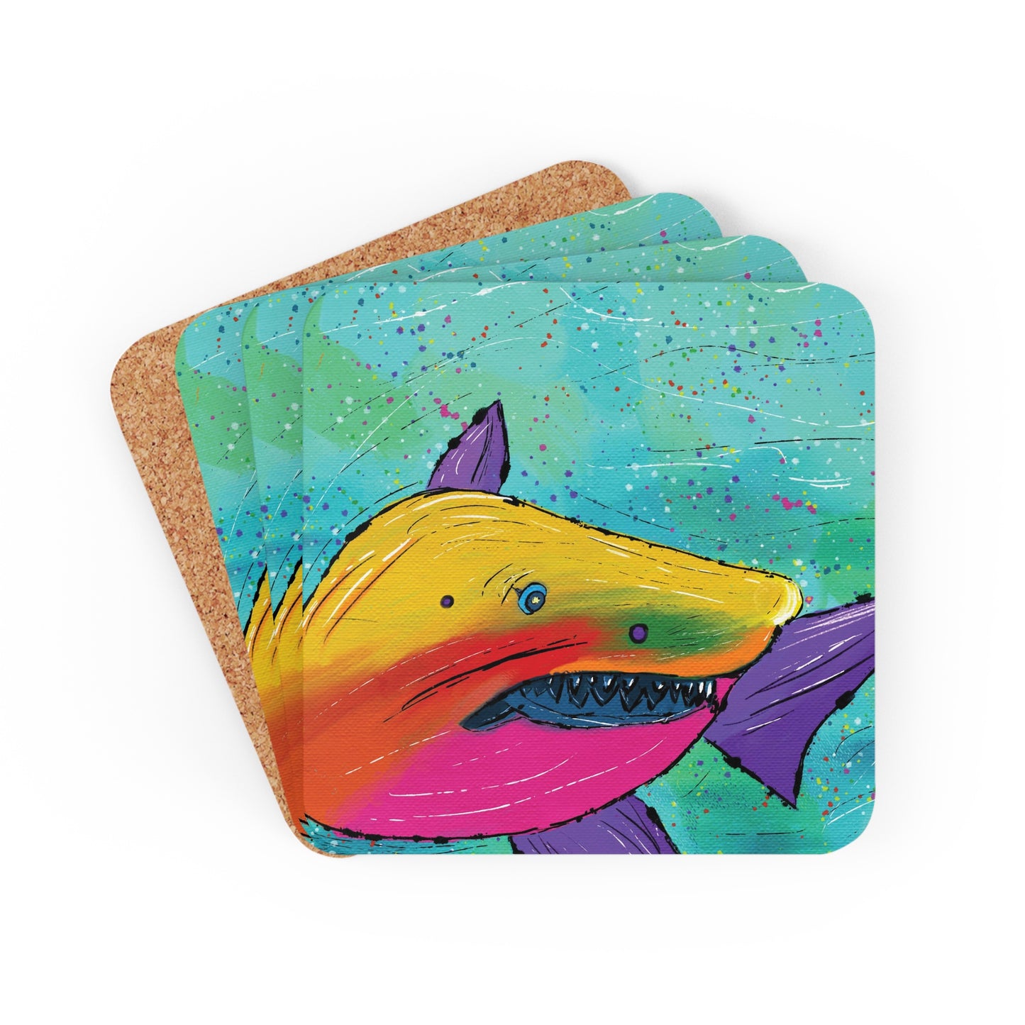 Shark Coaster Set of 4, Sea Lover Gift, Ocean Gift, Corkwood Coaster, Colorful Coaster, Tropical Gift, Nautical Coaster