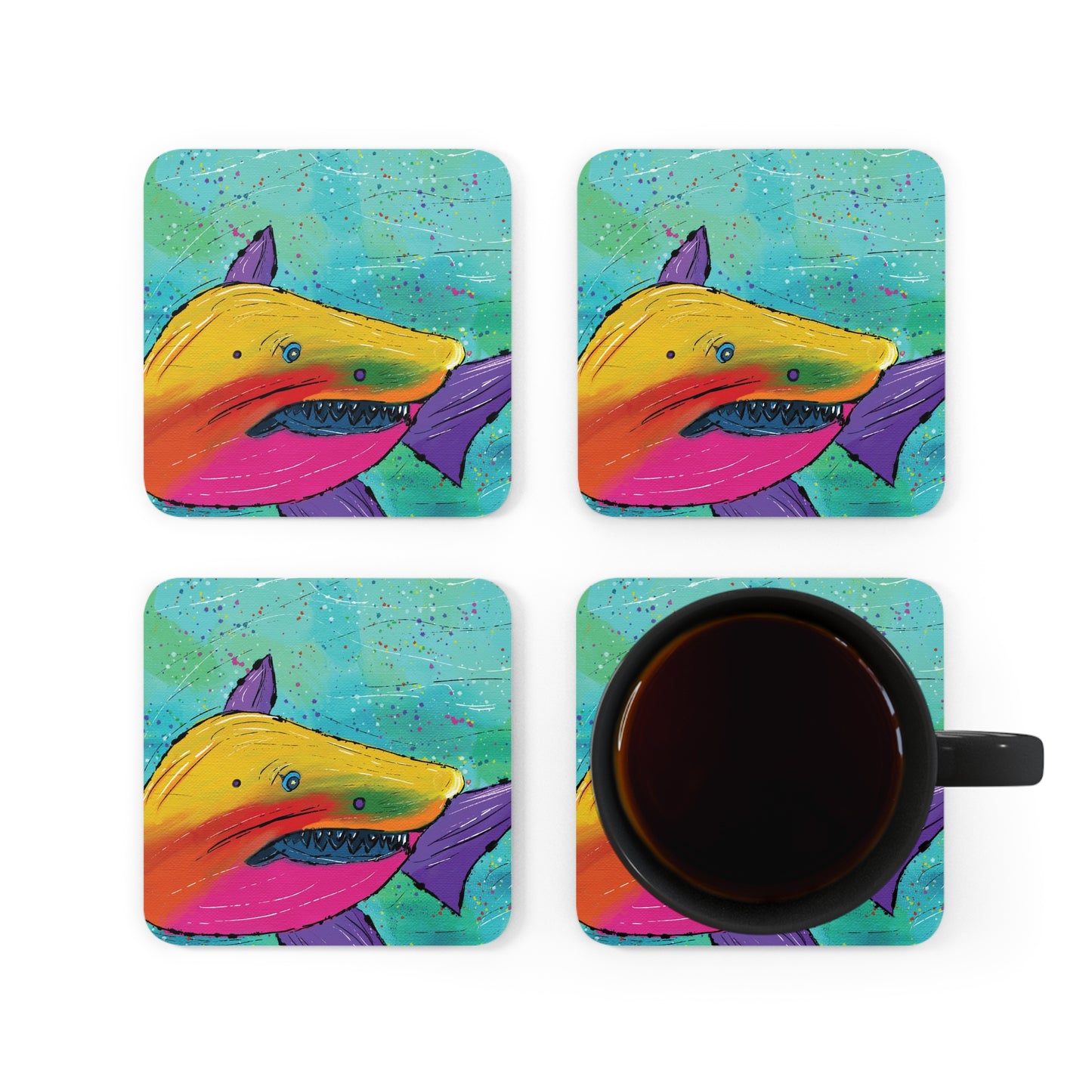 Shark Coaster Set of 4, Sea Lover Gift, Ocean Gift, Corkwood Coaster, Colorful Coaster, Tropical Gift, Nautical Coaster