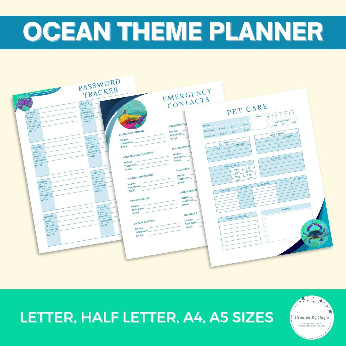 Ocean Theme Planner | 50+ Printable pages | Original Artwork Created By Gayle