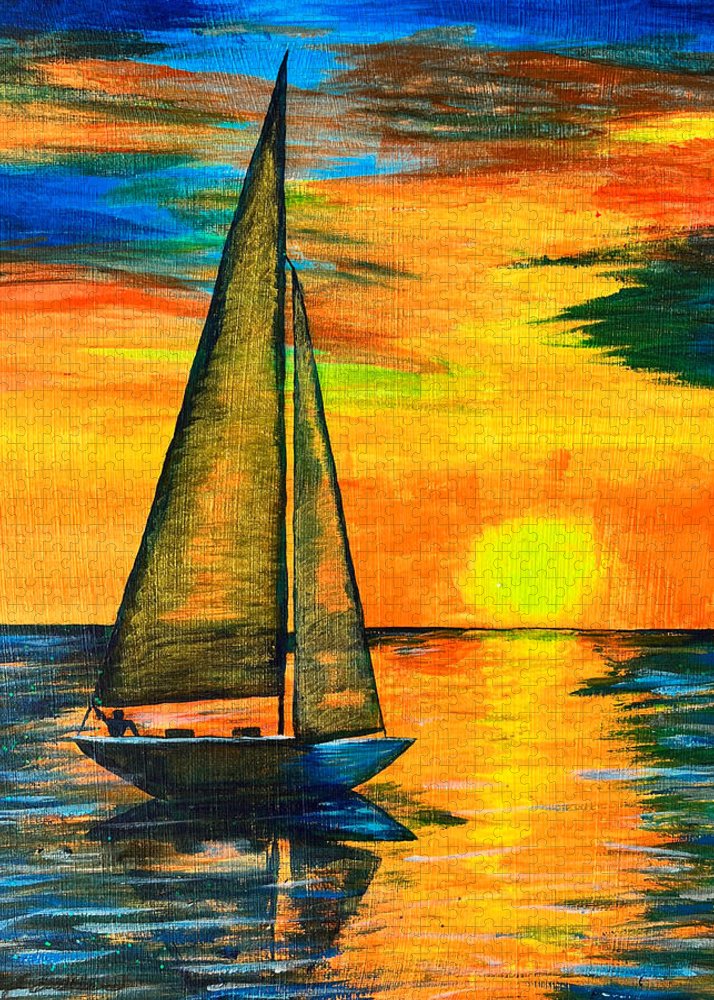 a puzzle with a sailboat at sunset